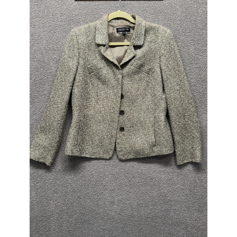Jones New York Tweed Boucle Blazer Jacket Womens 10 Taupe Black 3 Button